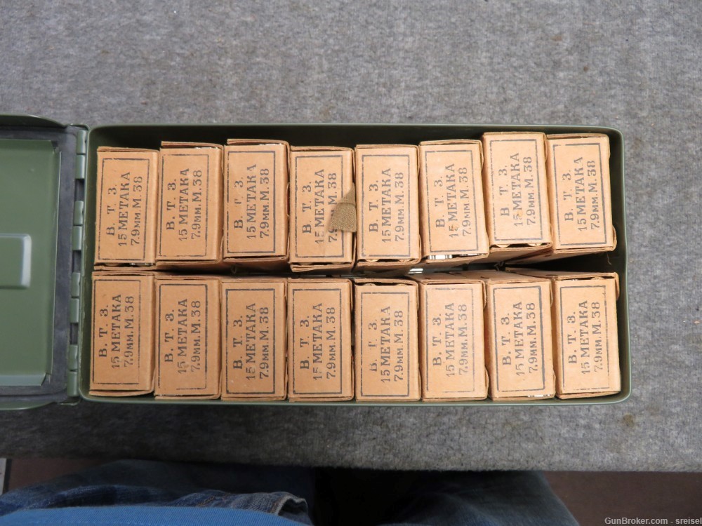 CAN OF 32 BOXES WWII YUGOSLAVIAN 8MM MAUSER AMMO ON CLIPS