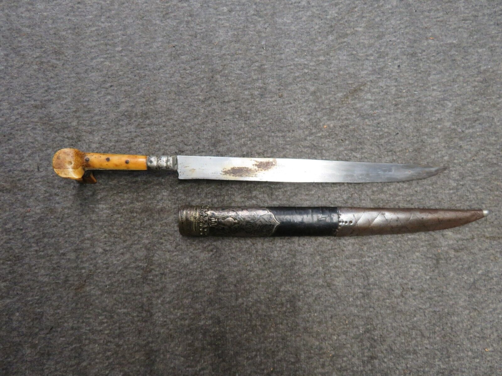 OTTOMAN BICHAQ DAGGER W/SHEATH-BONE GRIPS-SILVER FITTINGS