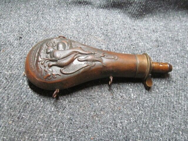 ANTIQUE DIXON POWDER FLASK WITH BIRDS AND RABBITS DESIGN