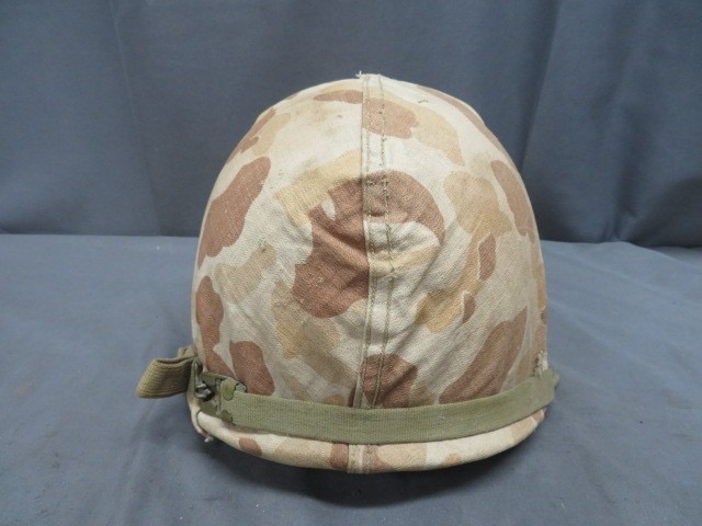 WWII U.S. M1 Helmet – Front Seam Fixed Bails – w/ USMC 3rd Pattern Camo Cover
