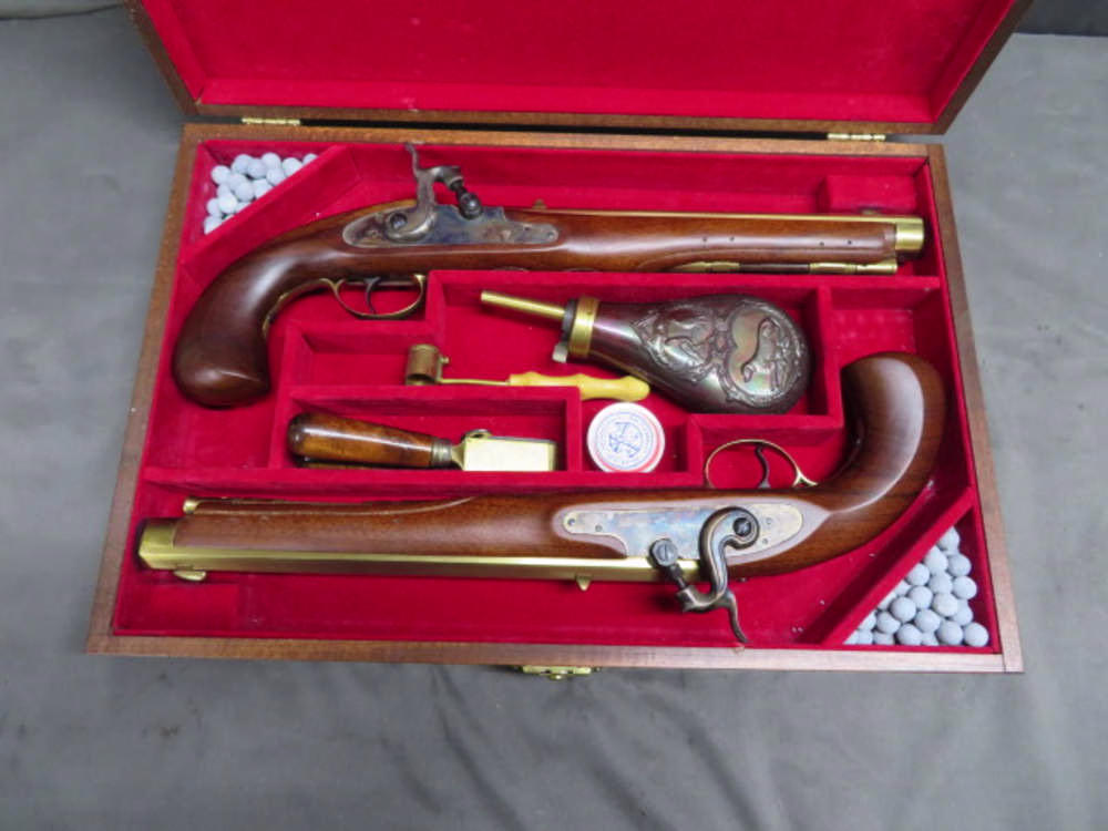 cased pair of pedersoli reproduction kentucky style .44 percussion pistols