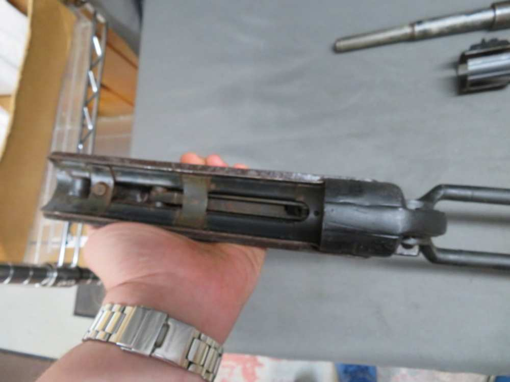 Close-up of the MP 40 receiver's bolt track and ejection port