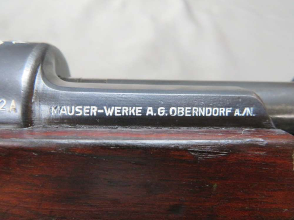 Close-up of the Mauser-Werke A.G. Oberndorf a/N manufacturer marking on the M/937 Mauser receiver