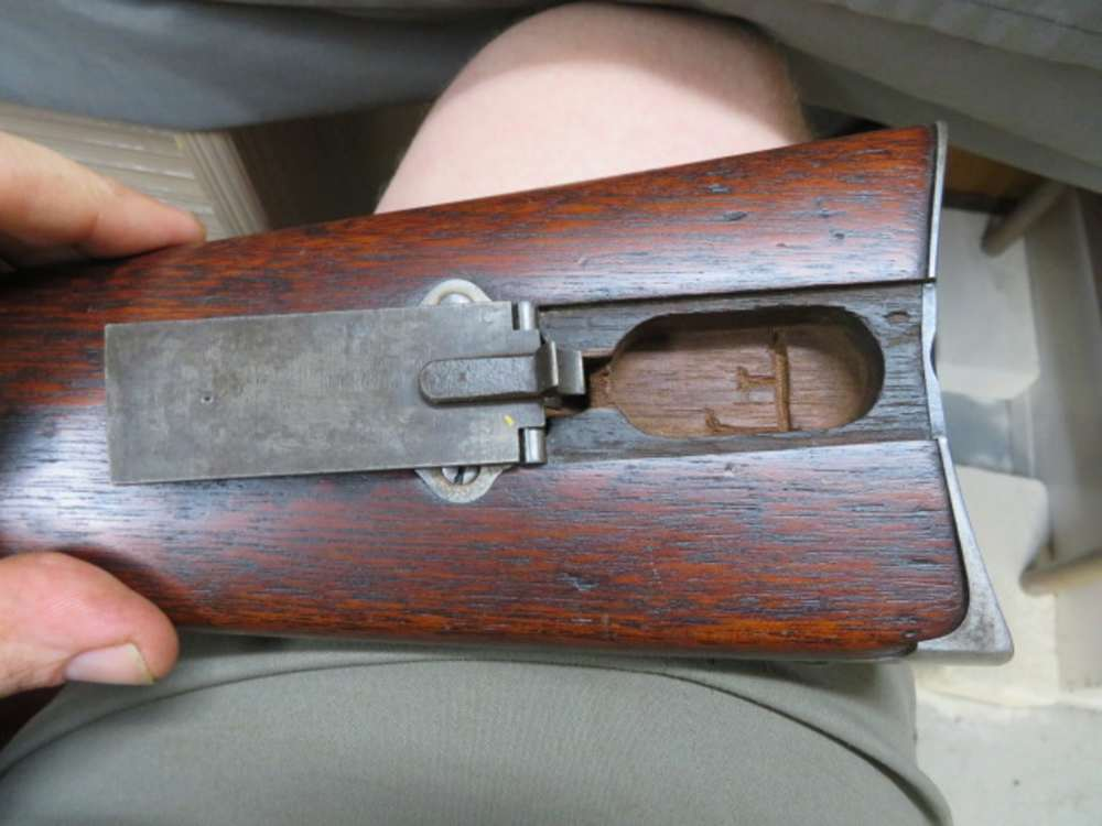 Close-up of the buttstock patchbox and buttplate