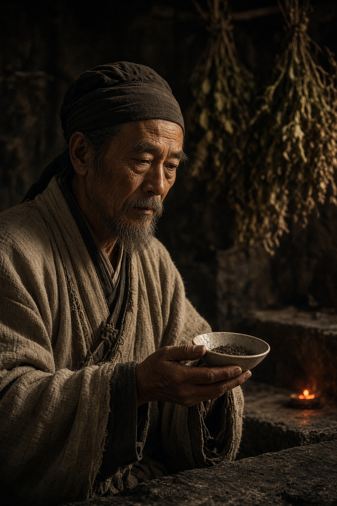 Portrait of a Chinese alchemist holding a ceramic dish
