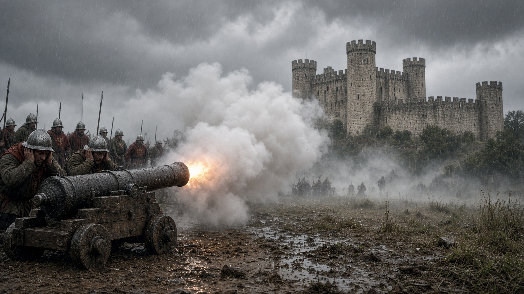 A 14th-century bombard firing toward a European castle