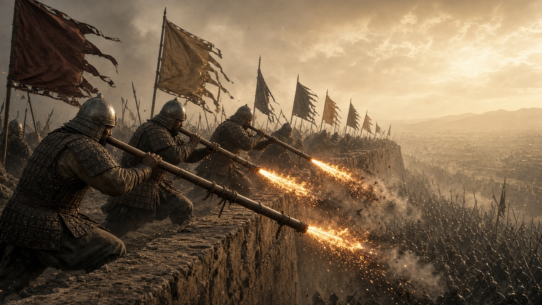 Song dynasty soldiers firing bamboo fire lances from a fortress wall
