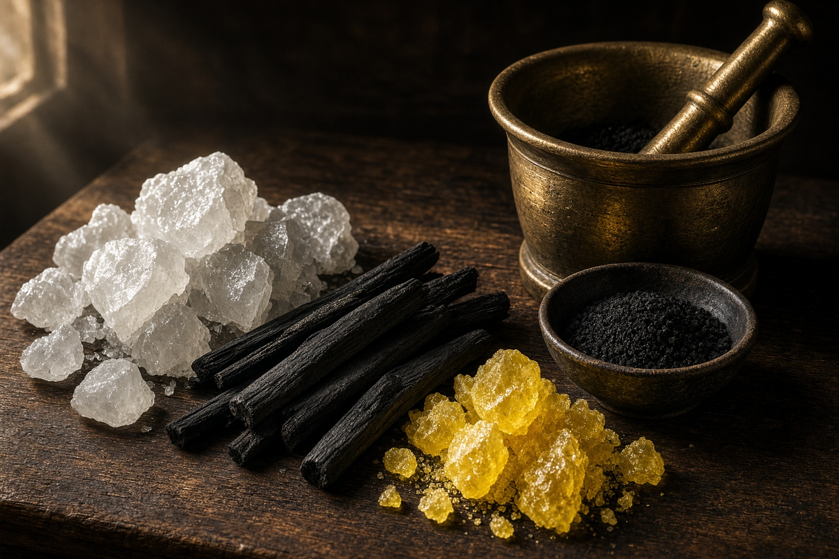 Still life of saltpeter, charcoal, sulfur, mortar and black powder