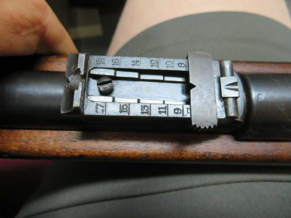 Close-up of the graduated rear sight ladder on the Belgian Mauser carbine