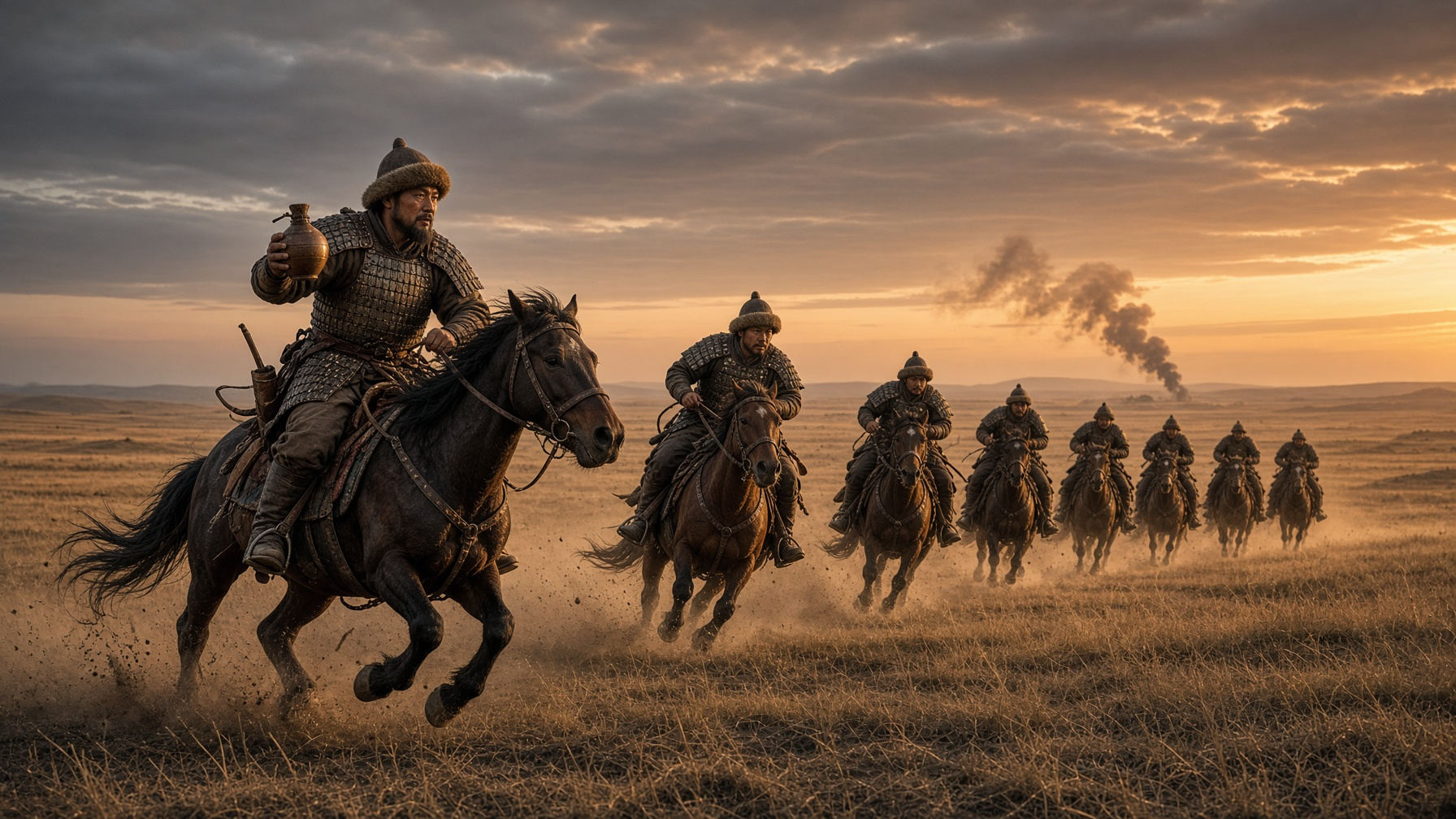 Mongol cavalry on the steppe with early gunpowder weapons