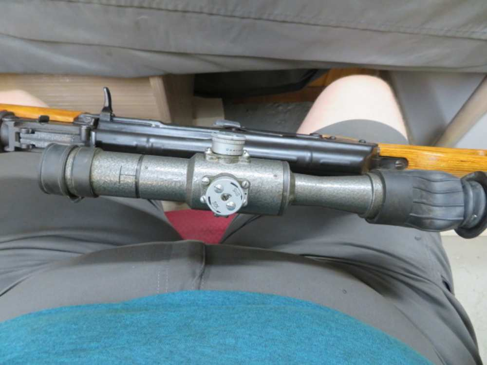 Close-up of the PSL's slotted muzzle brake and front sight block
