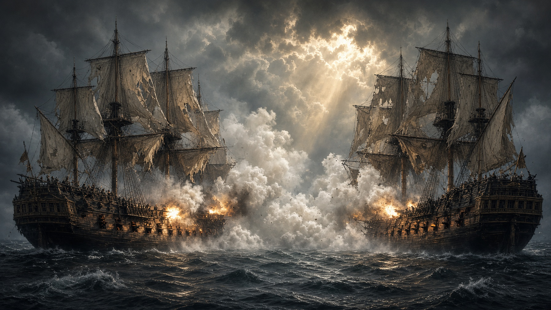Ships of the line exchanging broadsides in gunpowder smoke