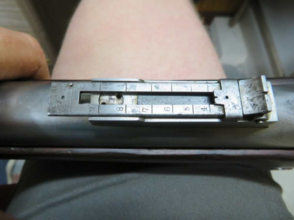 Close-up of the Whitney Plymouth rifle's graduated rear sight
